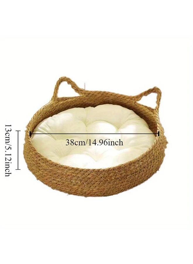 قطعتان مجموعة سرير قطط من الروطان وحصيرة بلون مريح سلة حيوانات أليفة بأربعة فصول ومقبض - Image 5