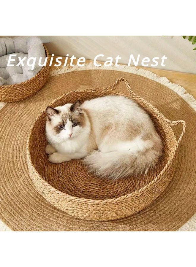 قطعتان مجموعة سرير قطط من الروطان وحصيرة بلون مريح سلة حيوانات أليفة بأربعة فصول ومقبض - Image 3
