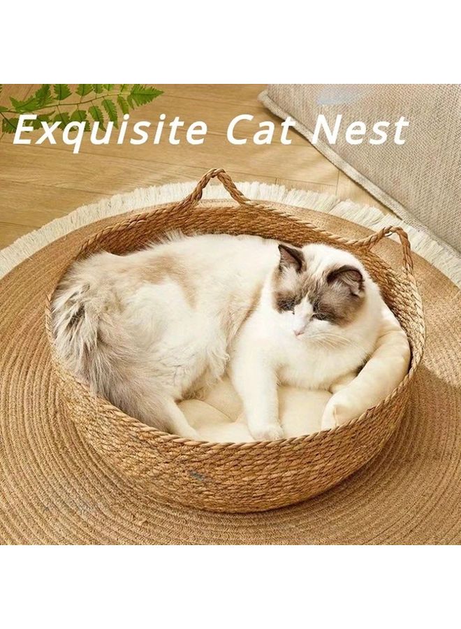 قطعتان مجموعة سرير قطط من الروطان وحصيرة بلون مريح سلة حيوانات أليفة بأربعة فصول ومقبض - Image 2