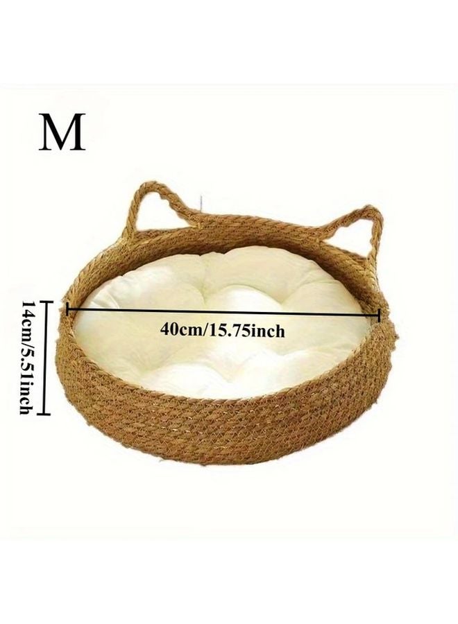 قطعتان مجموعة سرير قطط من الروطان وحصيرة بلون مريح سلة حيوانات أليفة بأربعة فصول ومقبض - Image 1