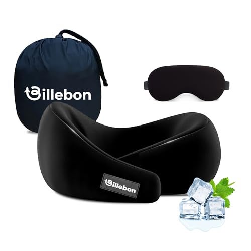 Billebon Gel Infused Memory Foam Neck Pillow, Travel Pillow with Adjustable Velcro Straps, Neck Pillow for Travelling & Flight Travel, Ergonomic Support for Comfort & Pain Relief (Black Combo) - Image 1