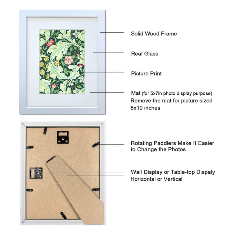 DEKWINN 8x10 Picture Frame Set of 4 Made of Solid Wood Photo Frame with Real Glass for Pictures 5x7 with Mat or 8x10 Without Mat  Wall Mount or Tabletop Gallery Photo Frames in White - Image 3