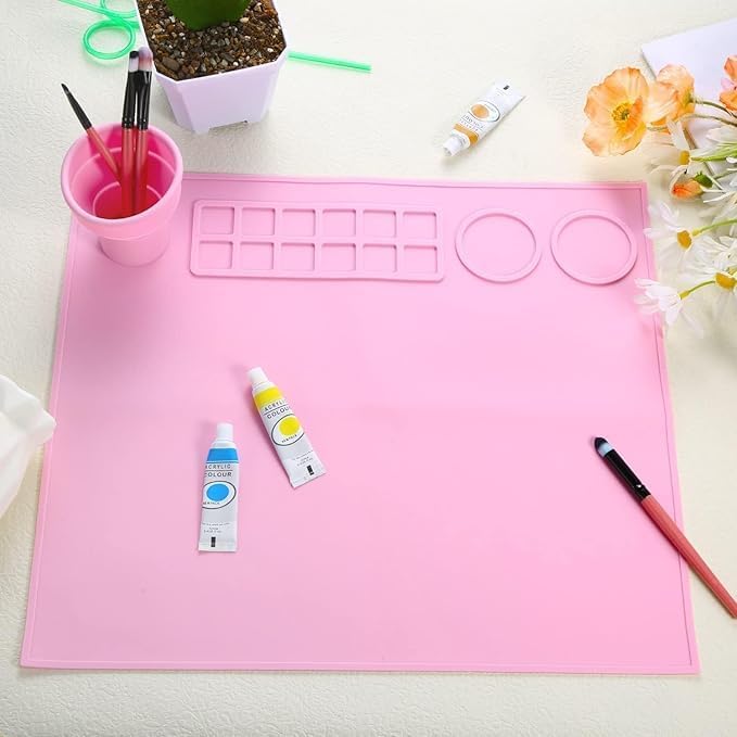 LUOSHI 43X38 Silicone Craft mat for Painting Play doh and Clay for Kids Artist AMD Adults12 Grid Sheet for Color Mixing mat with Brush Cleaner Cup Multicolor - Image 5