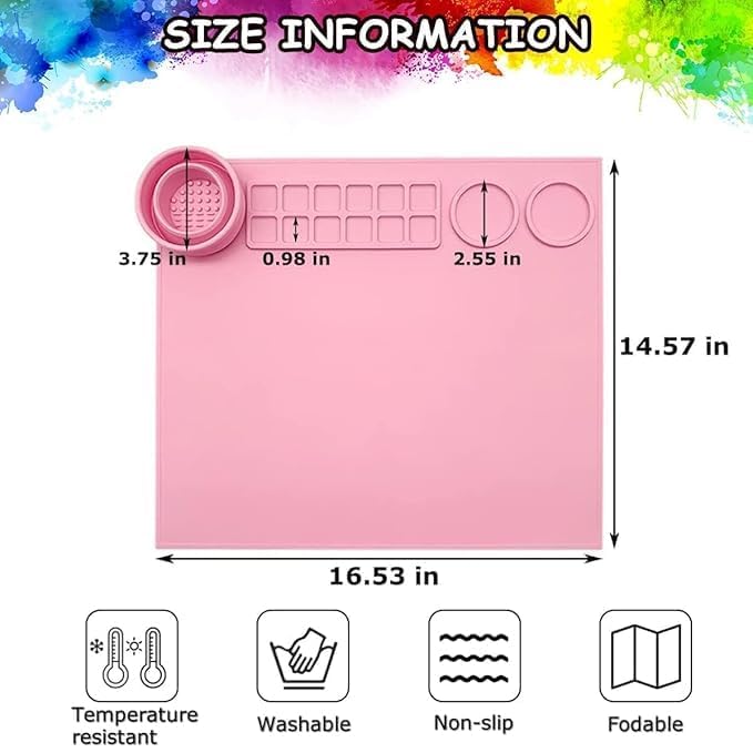 LUOSHI 43X38 Silicone Craft mat for Painting Play doh and Clay for Kids Artist AMD Adults12 Grid Sheet for Color Mixing mat with Brush Cleaner Cup Multicolor - Image 2