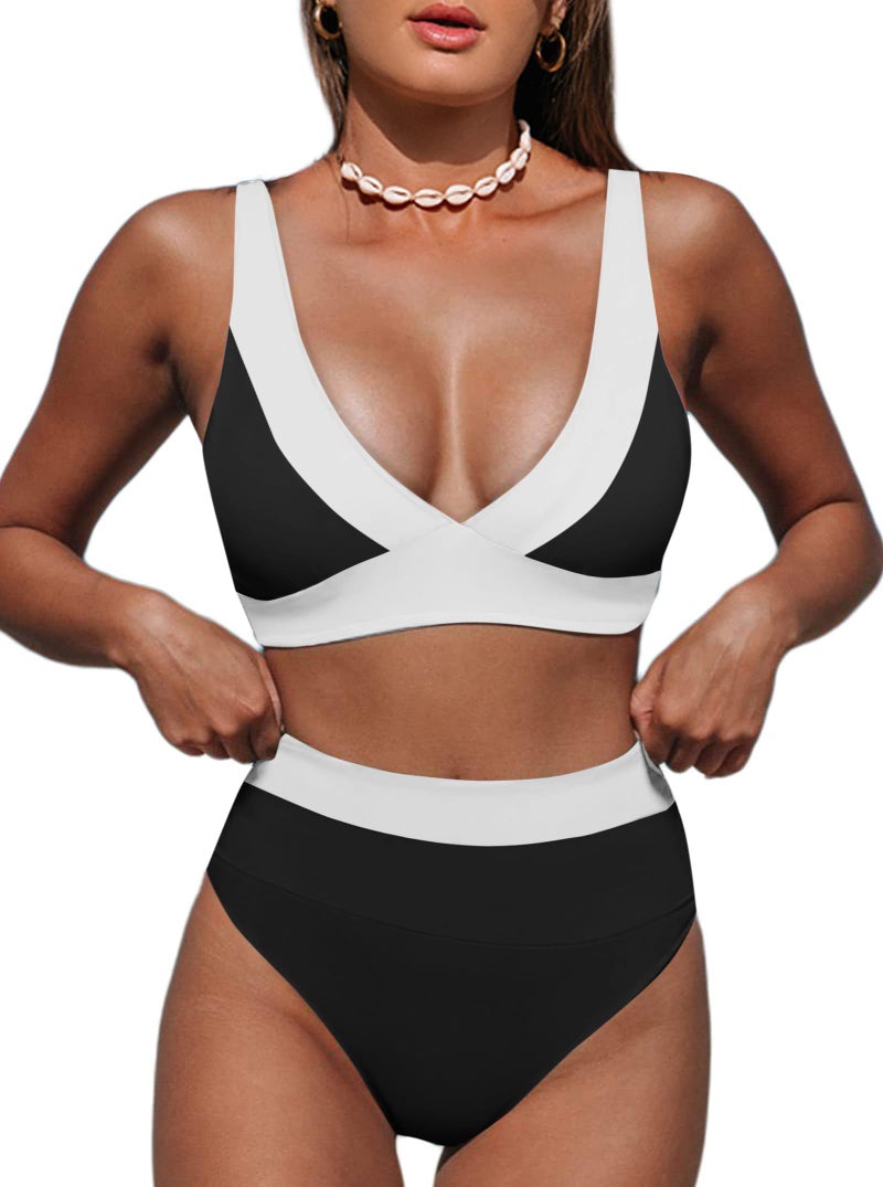 Hilinker High Waisted Bikini Sets Bathing Suit for Women Tummy Control V Neck 2 Piece Swimsuits Black White Colorblock Medium - Image 1