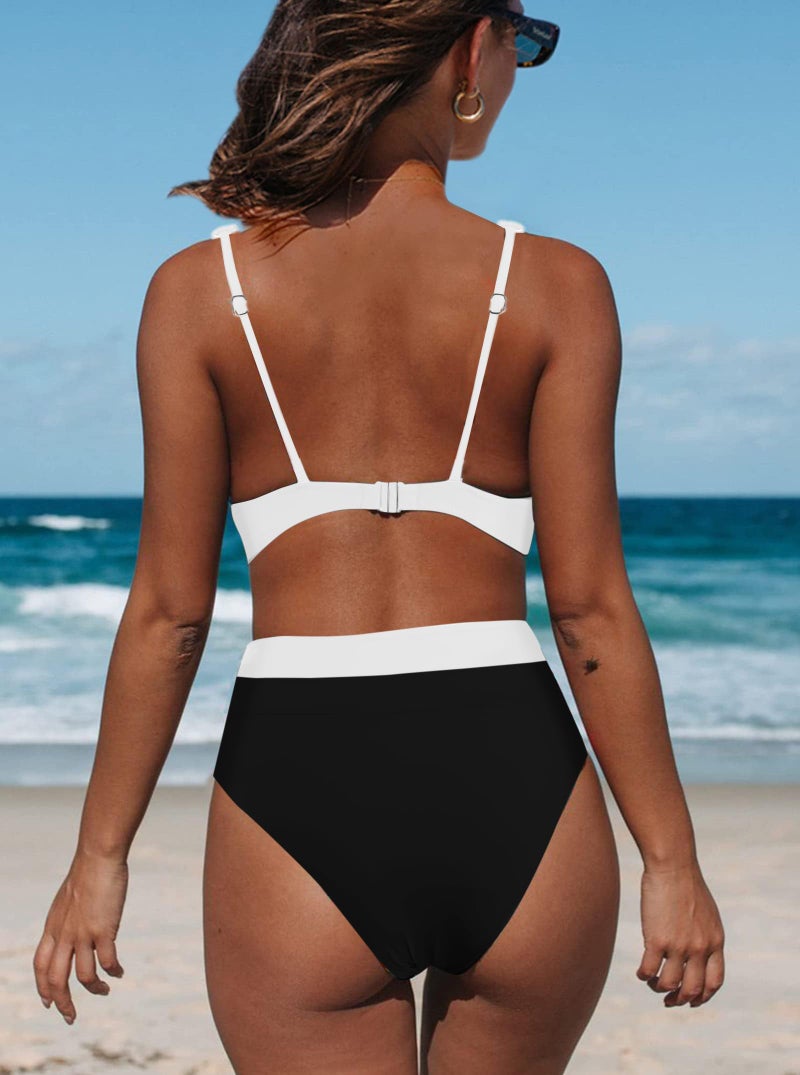 Hilinker High Waisted Bikini Sets Bathing Suit for Women Tummy Control V Neck 2 Piece Swimsuits Black White Colorblock Medium - Image 3