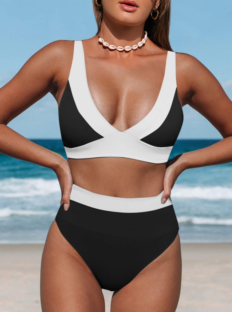 Hilinker High Waisted Bikini Sets Bathing Suit for Women Tummy Control V Neck 2 Piece Swimsuits Black White Colorblock Medium - Image 2