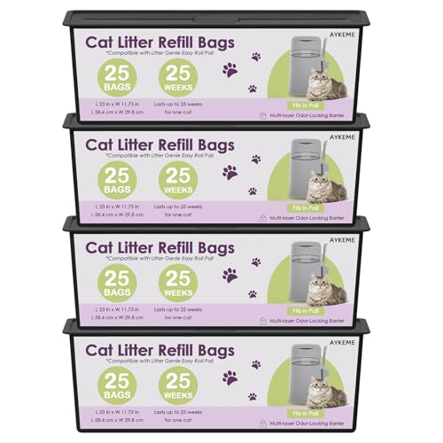 AYKEME 100 Cat Litter Refill Roll Bags Compatible with Litter Genie Easy Roll Pail | Odor-Control & Long-Lasting Refills | 4 Pack (100 Bags Total) - Image 1
