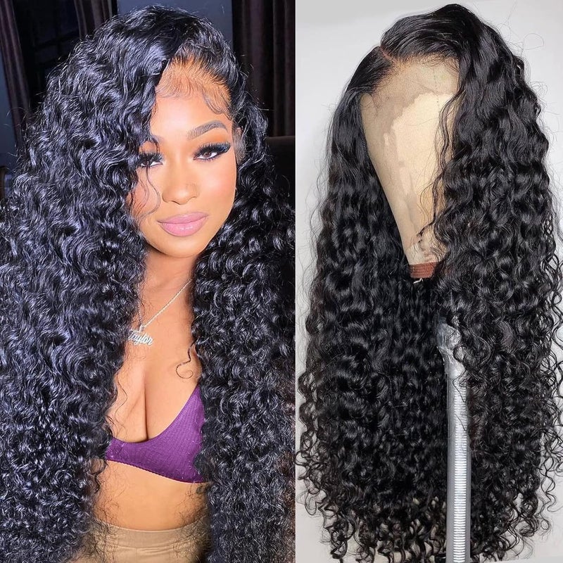 AISI Deep Wave Lace Front Wigs Human Hair 180% Density 4X4 Transparent Lace Closure Wigs for Black Women Wet and Wavy Lace Frontal Wigs Glueless Wigs Pre Plucked with Baby Hair Natural Color (18 Inch)
