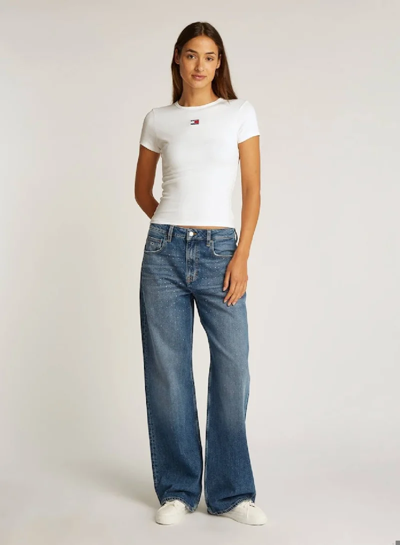 TOMMY JEANS Women's Slim Badge Ribbed T-shirt - Cotton, White