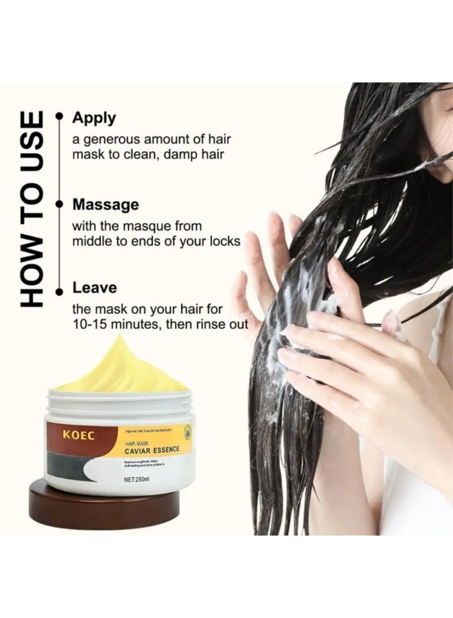 KOEC 250ml Hair Mask Caviar Essence Deep Repair Conditioning Argan Oil Collagen Hair Mask Essence for Dry Damaged Hair Hydrating Nourishing and Deep Repair Conditioning Treatment Soft and Shiny Hair Cream - Image 3