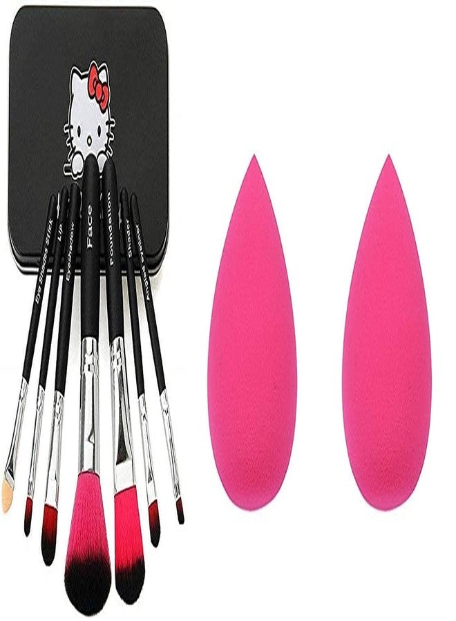 Ooplore Women's & Girl's 7 Black Makeup Brushes Set with Storage Box and 2 Pink Beauty Blenders - (Pack of 9) - Image 1