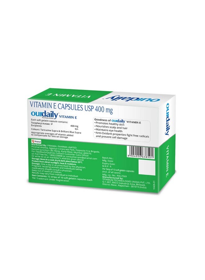 OurDaily Vitamin E Capsules for Face & Hair by Piramal | 400mg | 120 capsules | 12 Strips | Vitamin E Tablet for Beautiful Glowing Face, Healthly Skin, Hair & Eyes Nutrition - Image 2