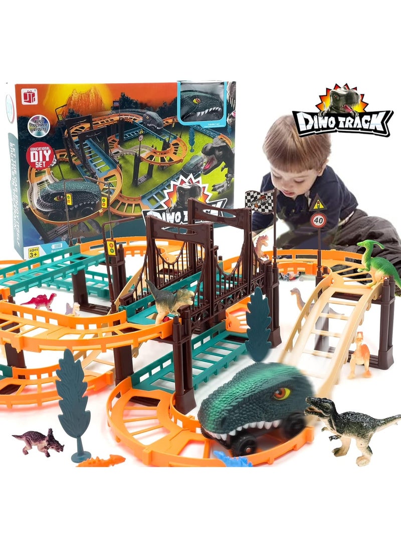 لعبة مسار سيارات ديناصور للأطفال Dino Track لعبة سباق سيارات ديناصور تعمل بالبطارية مع 12 مجسم ديناصور Educational DIY Dinosaur Track Toy للأطفال 3 سنوات فأكثر متعددة الألوان - Image 1