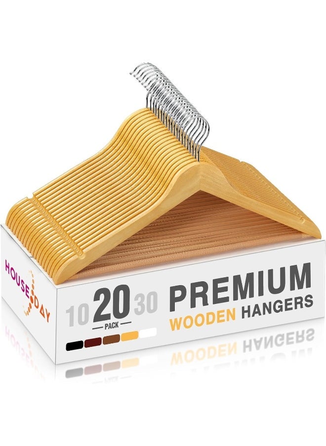 HOUSE DAY Roll over image to zoom in HOUSE DAY Wooden Hangers 20 Pack Natural Wood Clothes Hangers Smooth Finish Wooden Coat Hangers for Closet, Heavy Duty Hangers Solid Wood Hangers Suit Hangers for Clothes, Jacket, Shirt, Pants, Dress  - Image 1
