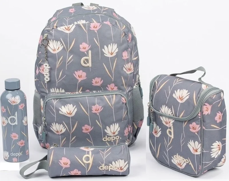 Depo DEPO 4-Piece School Backpack Set 44cm – Grey Floral Backpack with Lunch Bag, Pencil Case & BPA-Free Water Bottle – Grey & Pink