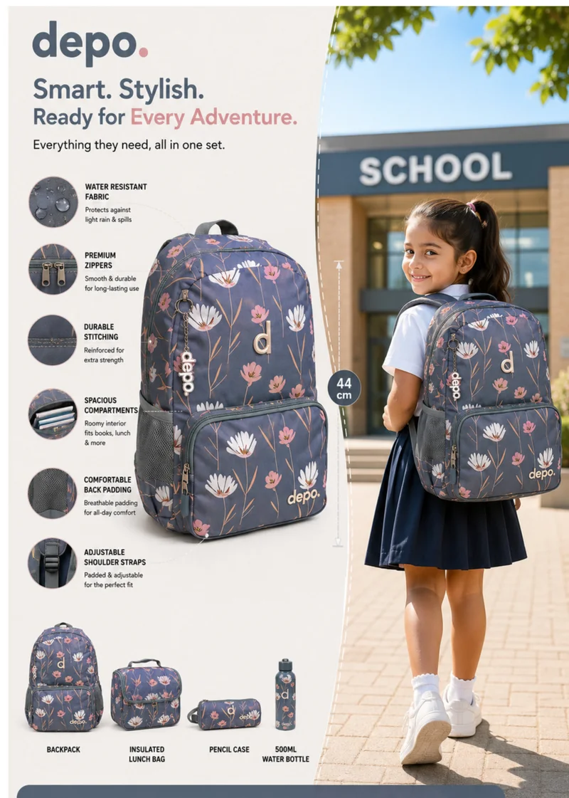 Depo DEPO 4-Piece School Backpack Set 44cm – Grey Floral Backpack with Lunch Bag, Pencil Case & BPA-Free Water Bottle – Grey & Pink