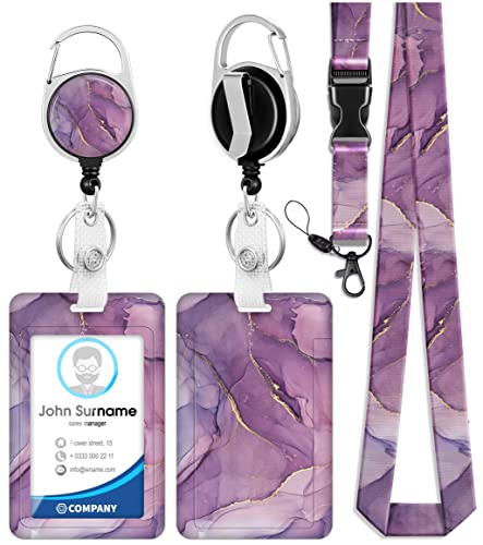 Toykee ID Badge Holder with Lanyard and Retractable Badge Reel Clip, Marble Pattern Card Name Tag Lanyard Vertical ID Protector Bage Clips for Nurse Nursing Doctor Teacher Student Purple - Image 1