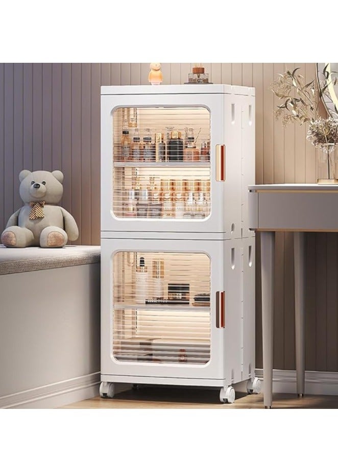 Storage Cabinet Kitchen Storage Bins Foldable Storage Box with Transparent Doors and Wheels Stackable Pantry Cabinet Cupboard Closet for Small Space, Bathroom, Kitchen(2 Tier） - Image 1