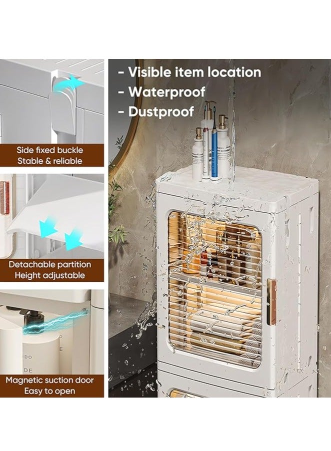 Storage Cabinet Kitchen Storage Bins Foldable Storage Box with Transparent Doors and Wheels Stackable Pantry Cabinet Cupboard Closet for Small Space, Bathroom, Kitchen(2 Tier） - Image 3