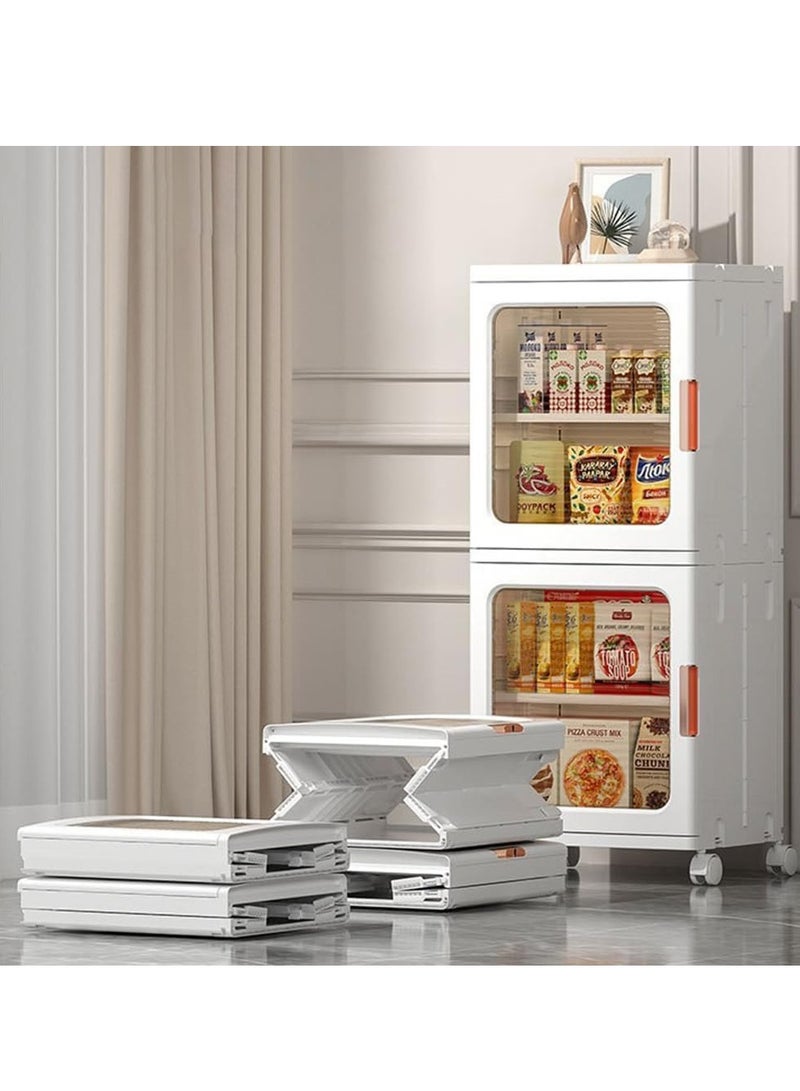 Storage Cabinet Kitchen Storage Bins Foldable Storage Box with Transparent Doors and Wheels Stackable Pantry Cabinet Cupboard Closet for Small Space, Bathroom, Kitchen(2 Tier） - Image 2