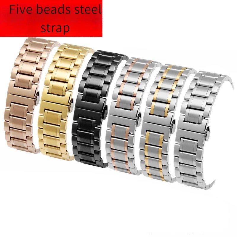 Bluejw 12-26mm Interchangeable Stainless Steel Watch Strap with Five Beads Curved End – Replace Your Watch Band Easily, Durable Metal Bracelet for Men and Women - Image 1