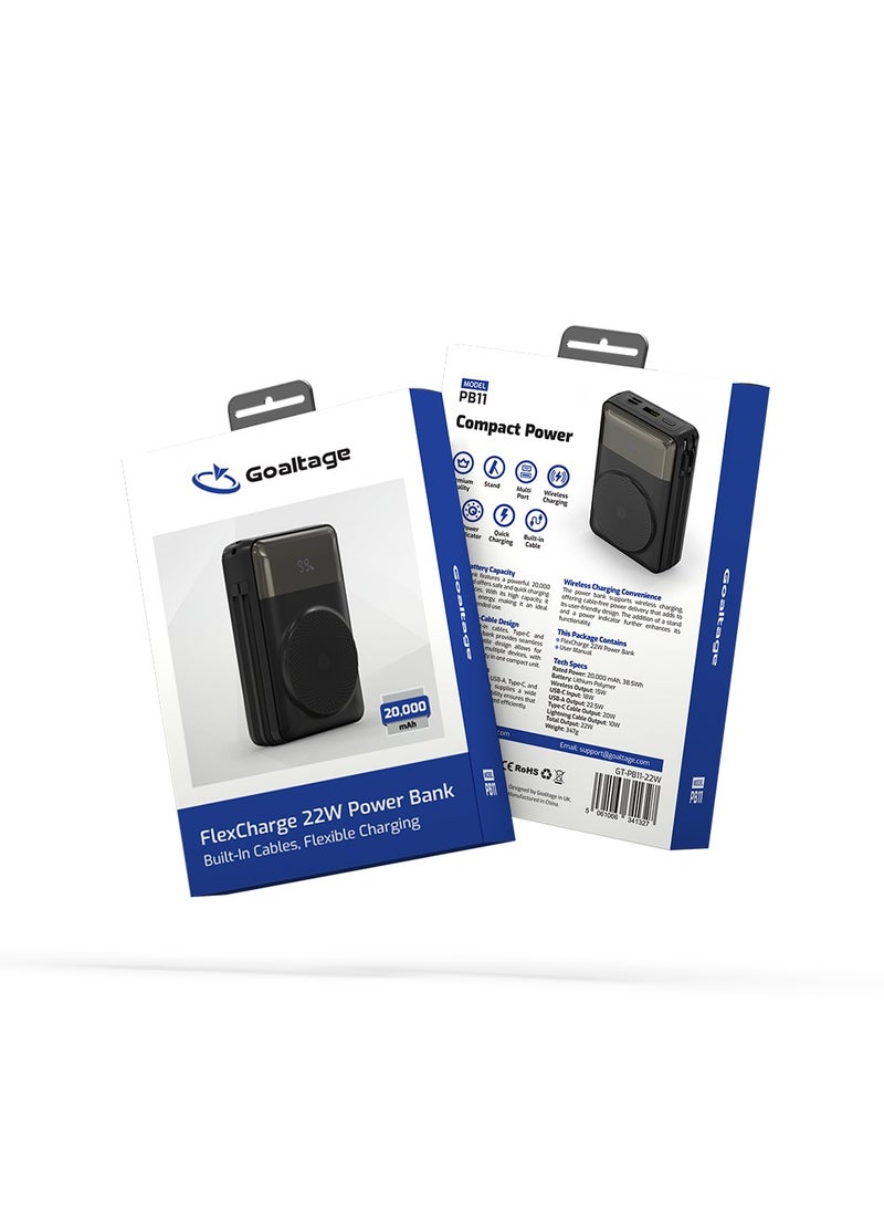 Goaltage - PB11 FlexCharge 20K Power Bank 22W with Built-In Cable, Power Indicator, Quick Wireless Charging, Multi-Port and Stand Functionality - Image 1