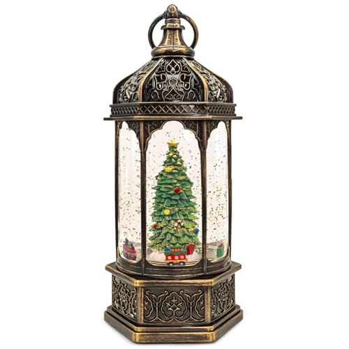 DGSCAK Christmas Snow Globes with Music,6H Timer Cylindrical Flashing Snow Ball,Bronze Musical Box Including 8 Songs,Glitter Snowflakes Lantern with Christmas Tree Xmas Decor Gift - Image 1