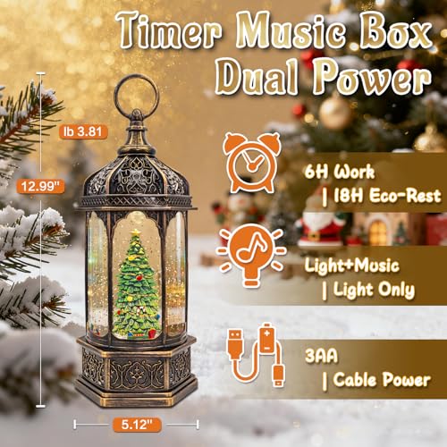 DGSCAK Christmas Snow Globes with Music,6H Timer Cylindrical Flashing Snow Ball,Bronze Musical Box Including 8 Songs,Glitter Snowflakes Lantern with Christmas Tree Xmas Decor Gift - Image 3