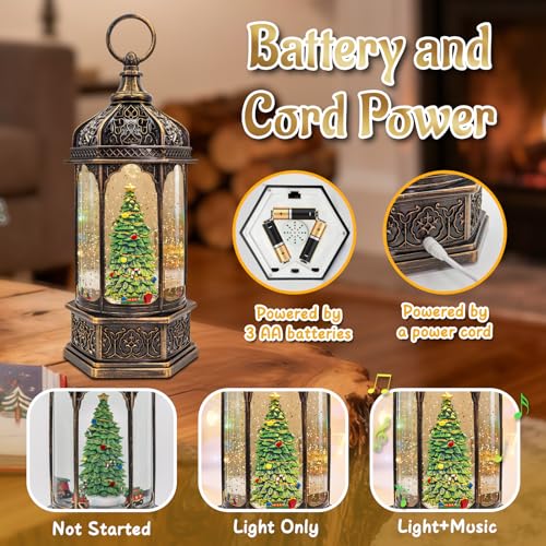DGSCAK Christmas Snow Globes with Music,6H Timer Cylindrical Flashing Snow Ball,Bronze Musical Box Including 8 Songs,Glitter Snowflakes Lantern with Christmas Tree Xmas Decor Gift - Image 4