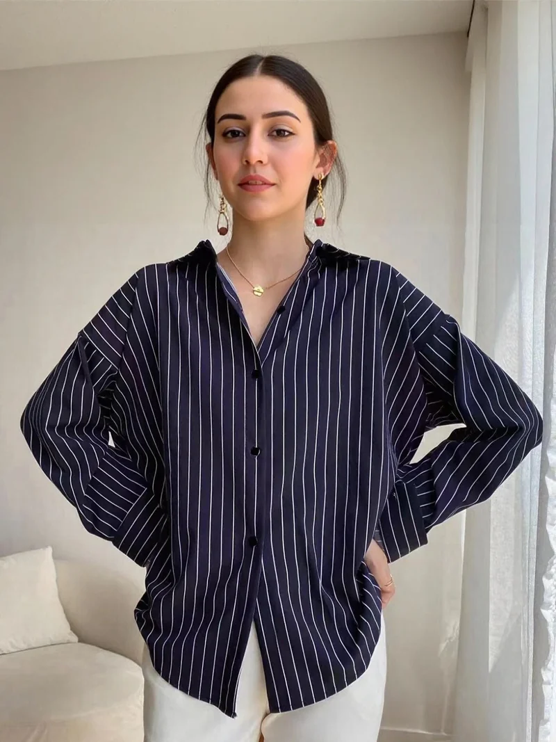 أوجيدر Navy Blue Srtiped Relaxed Shirt