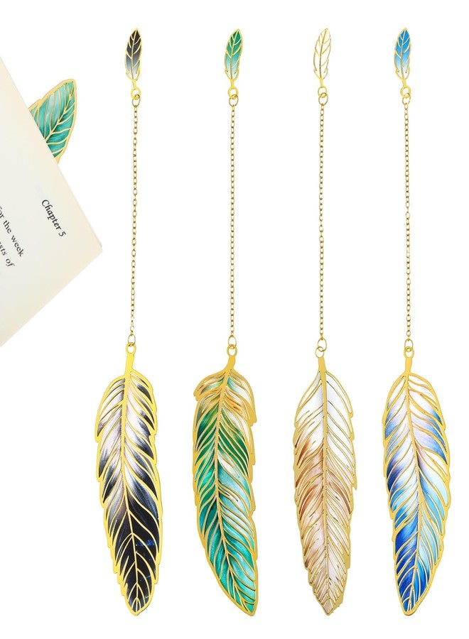 Larrel 4PCS Feather-Shaped Metal Bookmarks with Chain, Vintage Metal Feather Bookmarks, 4 Styles Fantasy Feathers Bookmark Set for Book Lovers, Readers, Writers, Women, Men (Dark Night, Aurora, Stars, Mist) - Image 1