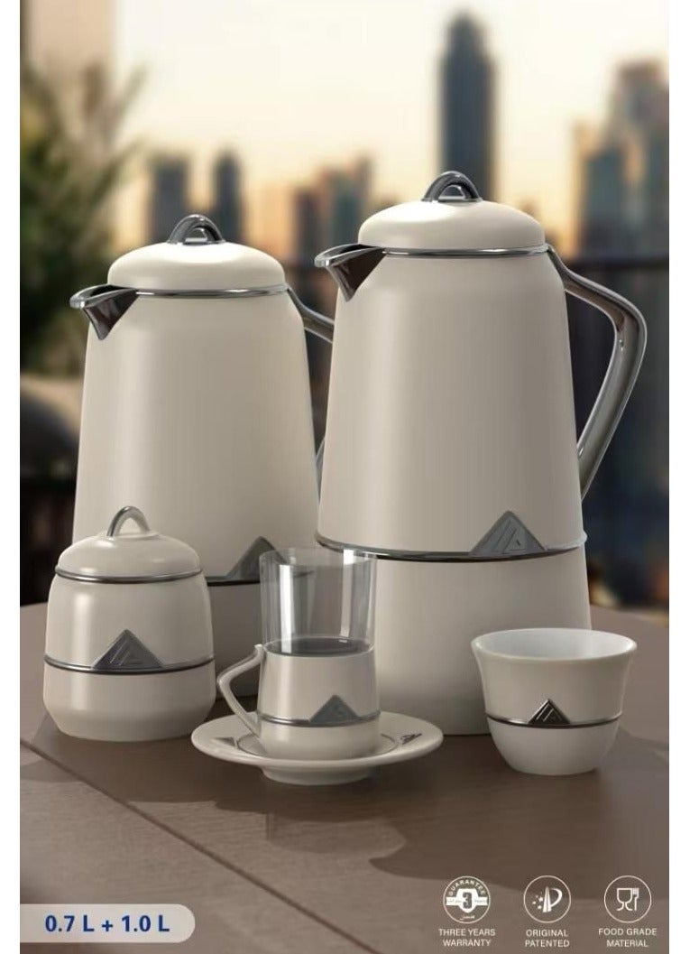 لالوزا طقم ترامس ثلاجة قهوة وشاي جذابة بتصميم أنيق بيج/فضي- مقاس 0.7/1لتر