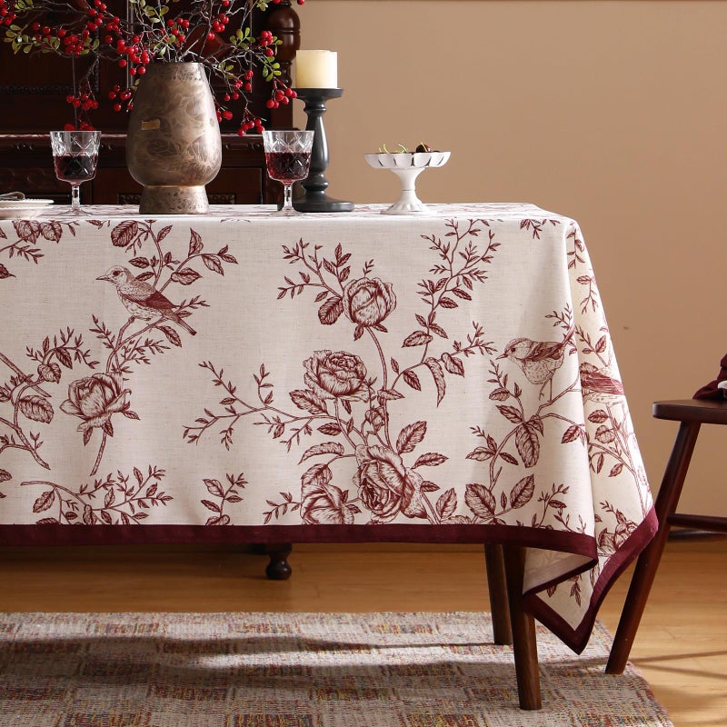 Isaenne Designer Vintage Linen Small Square Tablecloth Red Floral Pattern Linen Stain Resistant Table Cloth Decor Tablecloths For Dining Thanksgiving Kitchen Tea Party 55""*55""-Harmony - Image 2