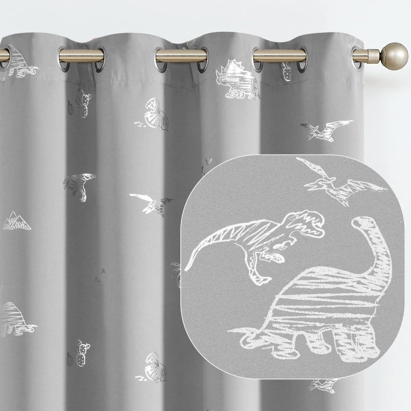 Vangao Vangao Grey Blackout Curtains Dinosaur Curtains for Boys Kids Nursery Girls Room Silver Dino Foil Print Thermal Insulated Grommet Top Window Drapes 63 Inches Length 2 Panels 