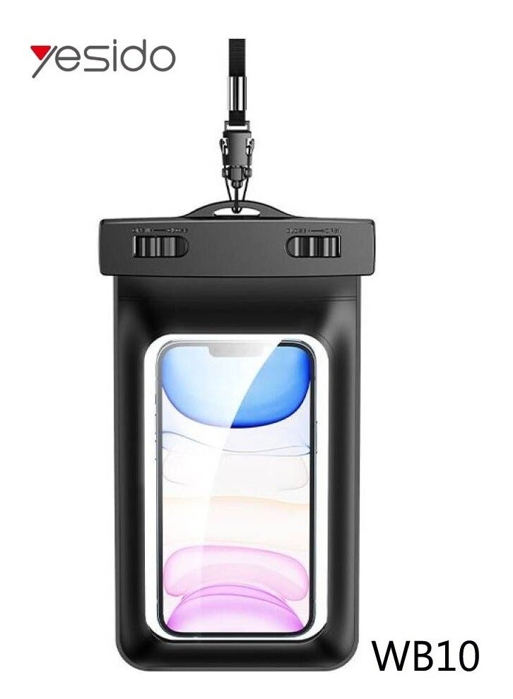 Yesido WB10 Portable Waterproof Mobile Phone Case – IPX8 Certified Dry Bag with Secure Lock Seal and Detachable Strap for Outdoor Swimming, Beach, Snorkeling, Water Sports – Universal Fit for All Smartphones – Touchscreen-Friendly – Black - Image 1