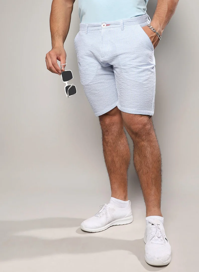 Instafab Plus Instafab Plus Men's Light Blue Seersucker Stripe Shorts For Casual Wear | Stripe Pattern | Angled Open Pockets | Button Closure | Cotton Poly Spandex Shorts Crafted With Comfort Fit For Everyday Wear