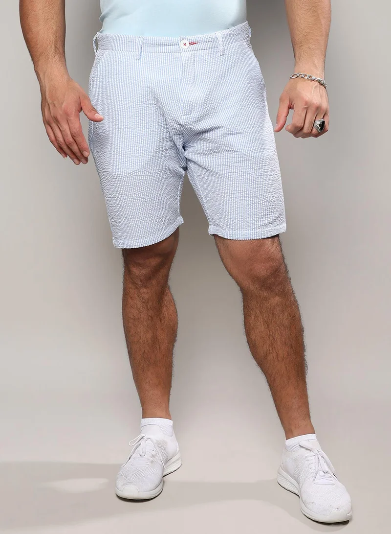 Instafab Plus Instafab Plus Men's Light Blue Seersucker Stripe Shorts For Casual Wear | Stripe Pattern | Angled Open Pockets | Button Closure | Cotton Poly Spandex Shorts Crafted With Comfort Fit For Everyday Wear