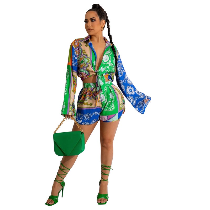 OS6853 Cross-border Summer New European and American Womens Comfortable Casual Printed Long-sleeved Shorts Womens Two-piece Set OS6853 Green