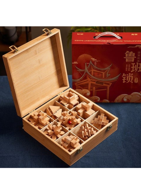 Luban Lock Kongming Lock Beech Wood Unlock Unleash Unleash Children's Educational Assembled Building Blocks Toys For Boys And Elementary School Students Cheap-Colour:[high-end Wooden Box] 9-piece Set B (recommended For Primary School Students)