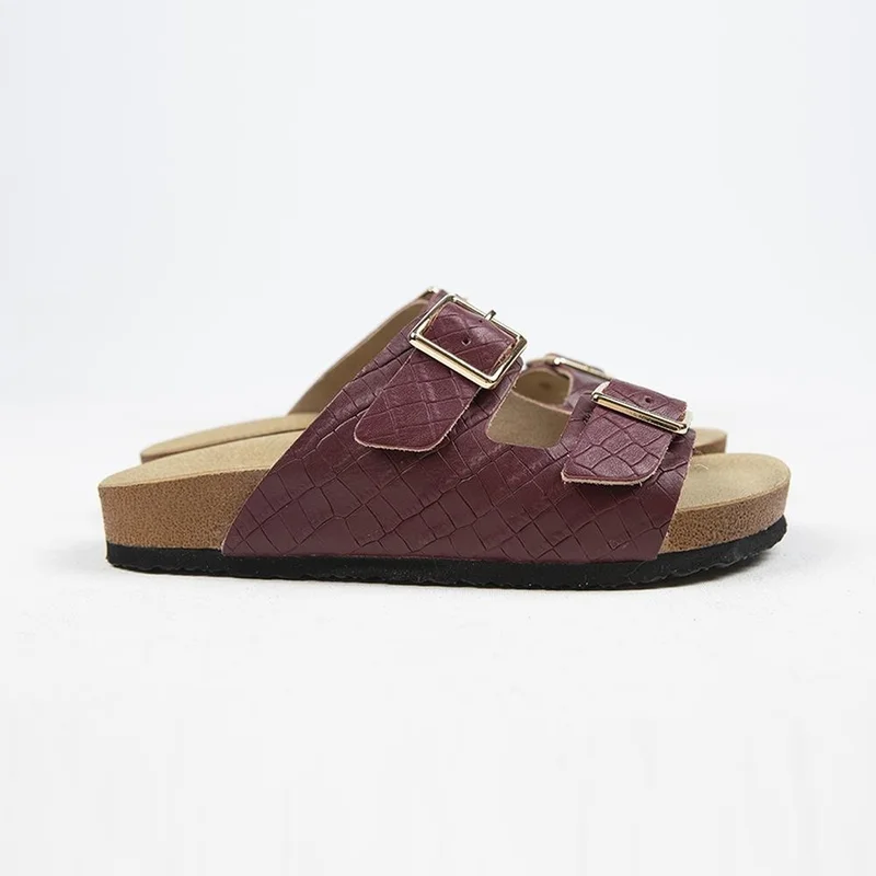 Manijero Manijero Croco Women's Genuine Leather Double Buckle Crocodile Burgundy Slippers