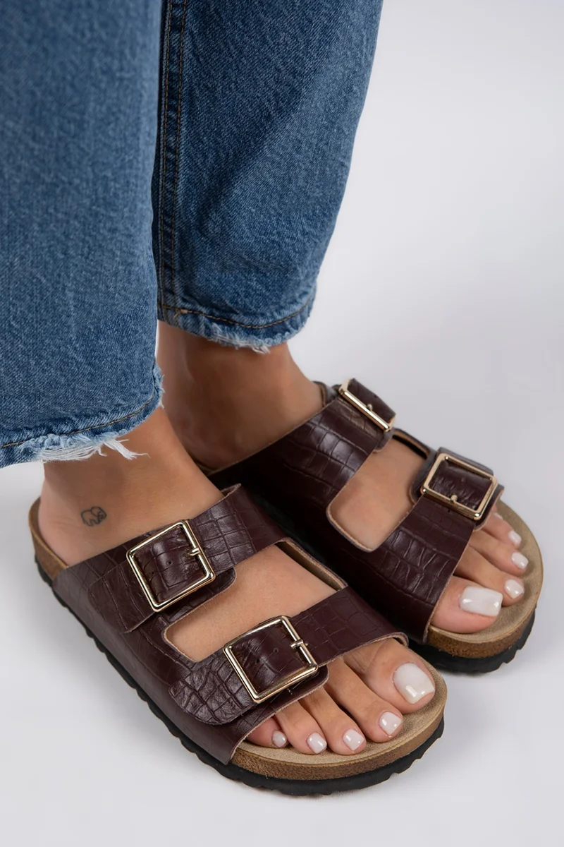 Manijero Manijero Croco Women's Genuine Leather Double Buckle Crocodile Burgundy Slippers