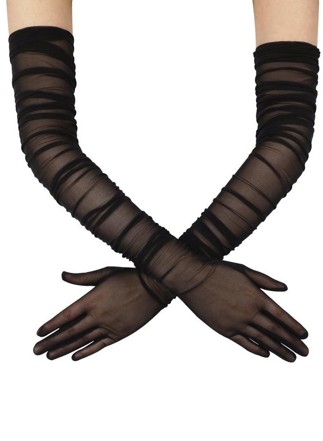 QRBTSCL Women's Stretchy Super Long Tulle Gloves Ruched Opera Mush Semi Sheer Gloves for Evening Party Black, One Size - Image 1