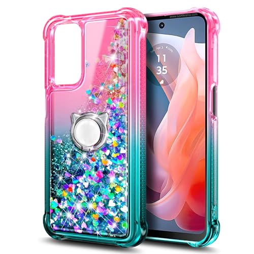 WDHD Compatible with Motorola Moto G-Play-2024 Case Pink/Aqua | Glitter Bling Sparkly Floating Liquid Cute Phone Cover with Tempered Glass Screen Protector/Ring Holder/Diamond Wrist Strap Lanyard - Image 3