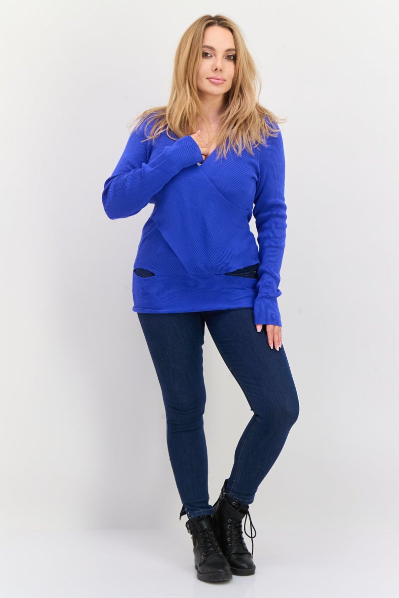 INC Women Surplice Neck Textured Sweater, Dark Blue - Image 3