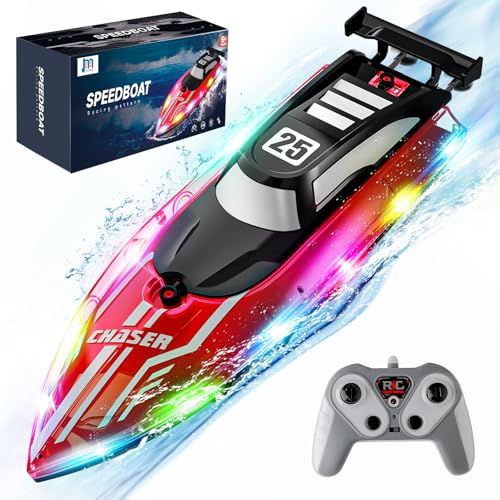 JOI MEW RC Boat for Kids with LED Lights 24Ghz Remote Control Racing Boats for 812Toy Water Boat for Pools Lakes with WaterproofRechargeable Battery for Boys Girls RED - Image 1