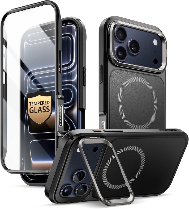 آي-بلاسون غطاء لجهاز iPhone 17 Pro مع MagSafe وحامل [واقي شاشة زجاجي مقسّى 9H] [حماية عسكرية] [زر التحكم في الكاميرا] غطاء مغناطيسي كامل الجسم ثقيل للهاتف مقاس 6.3 بوصة، أسود - Image 1