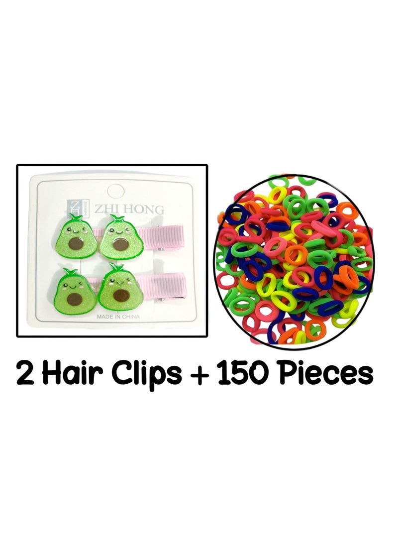 Set of 150 Girly colorful elastic hair bobbles ties and 2 hair clips - Image 1