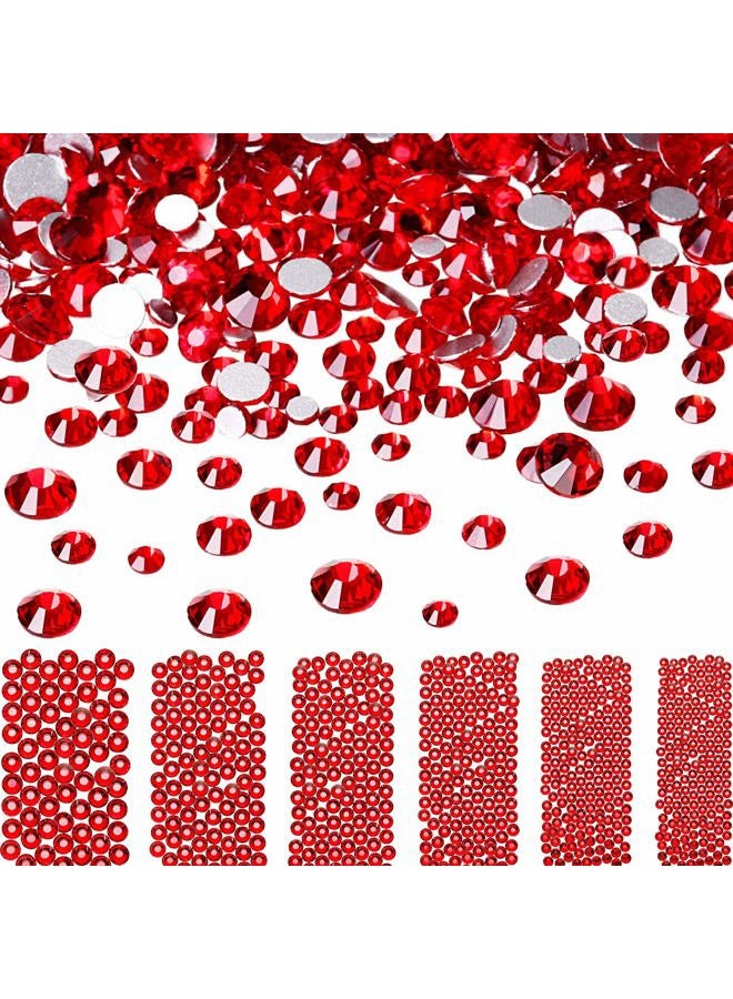 Bememo 3456 Pieces Nail Crystals AB Nail Art Rhinestones Round Beads Flatback Glass Charms Gems Stones, 6 Sizes for Nails Decoration Makeup Clothes Shoes (Red, Mixed SS4 5 6 8 10 12) Red - Image 1