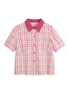 Summer Chubby Girls Plus Size Women's Clothing French Style Retro Lapel Plaid High Waist Short Sleeve Shirt Contrast Puff Sleeve 62458